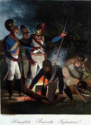 Königlich bayerische Infanterie bei der Vorbereitung des Nachtlagers Königliche bayerische Infanteristen bei der Vorbereitung des Nachtlagers