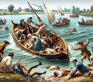 Ein kenterndes Boot mit Menschen, die im Wasser treiben und sich am Bord eines kenternden Kahnes befinden. Erste Tote werden geborgen.