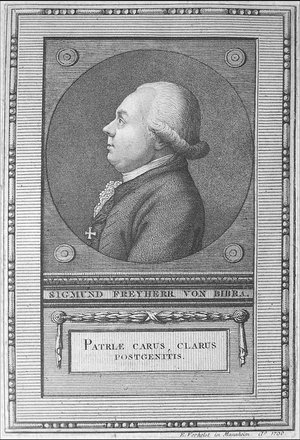 Siegmund von Bibra (1750-1803) war Theologe und leitete die weltliche Regierung im Bistum Fulda und übernahm für den Fürsten von Nassau-Oranien in diplomatischen Missionen unterwegs. Obwohl er Katholik war vertrat er in seinen Schriften die Ideen und I