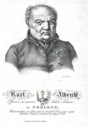 Carl Albrecht (1746-1833) war zunächst Benediktinermönch und von 1802 bis 1833 Pfarrer an der Kirche Liebfrauen in Koblenz. Er legte den Eid auf die französische Verfassung 1802 ab und gehörte im Jahre 1815 zu einer Delegation die von Hardenberg eine Verfassung für das Rheinland forderte.